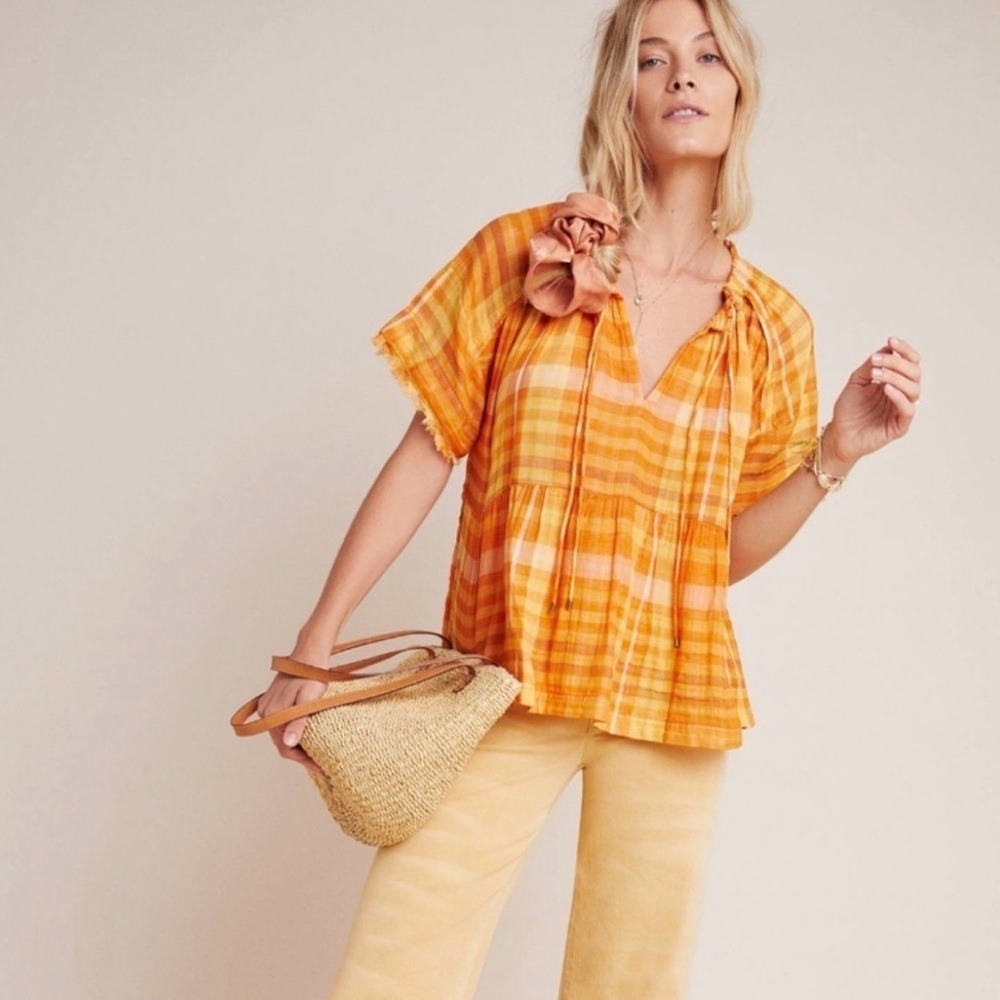 Anthropologie Pilcro The Bette Babydoll Top Medium Orange Tie Neck Flowy Peasant